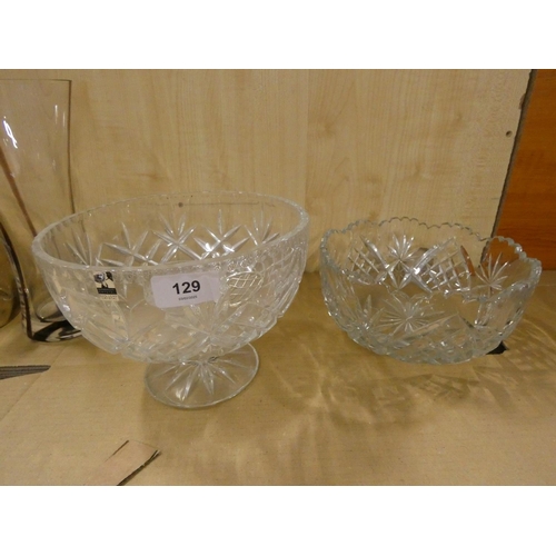 129 - Gleneagles cut glass pedestal bowl, cut glass fruit bowl, art glass vase and a large jug.