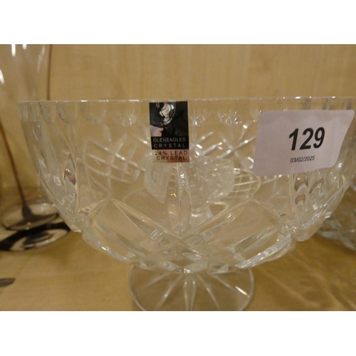 129 - Gleneagles cut glass pedestal bowl, cut glass fruit bowl, art glass vase and a large jug.