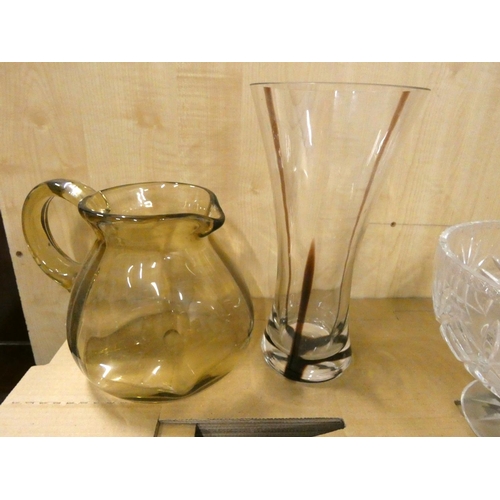 129 - Gleneagles cut glass pedestal bowl, cut glass fruit bowl, art glass vase and a large jug.