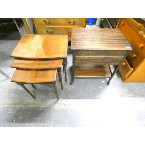 154 - Modern sewing box on castors and nest of three tables.  Disposed