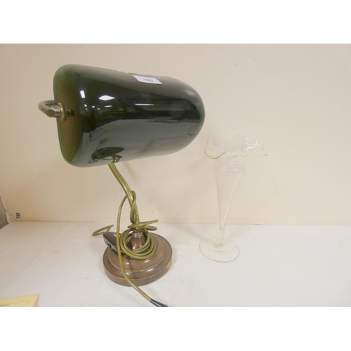 160 - Art Nouveau glass vase and a brass and green glass desk lamp.