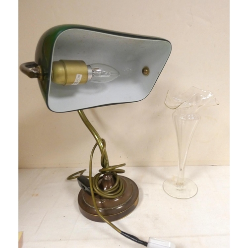 160 - Art Nouveau glass vase and a brass and green glass desk lamp.