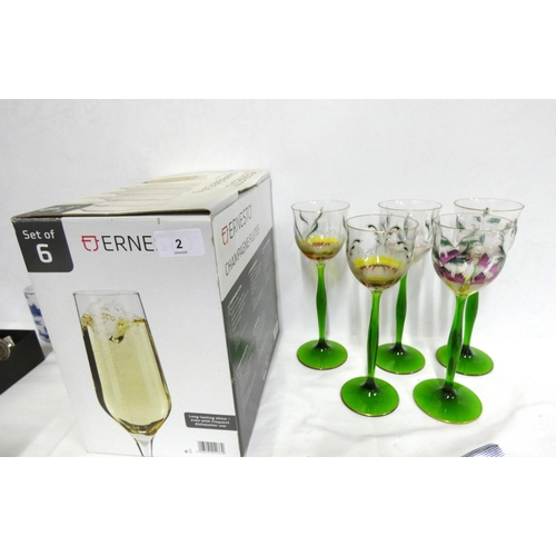 2 - Set of five hand painted wine glasses and a box of champagne flutes.