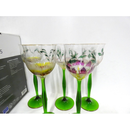 2 - Set of five hand painted wine glasses and a box of champagne flutes.