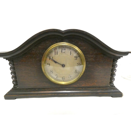 29 - Small oak Buren mantel clock with silvered dial, retailed by Finnigans.