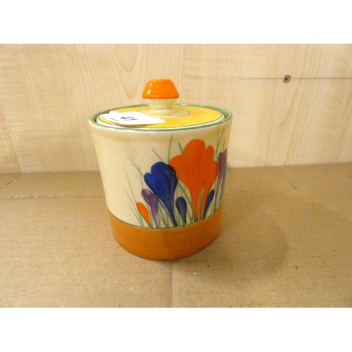 41 - Clarice Cliff bizarre crocus pattern preserve pot and cover, 10cm.