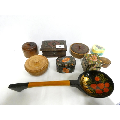 59 - Various treen and papier mache trinket boxes and a painted spoon.