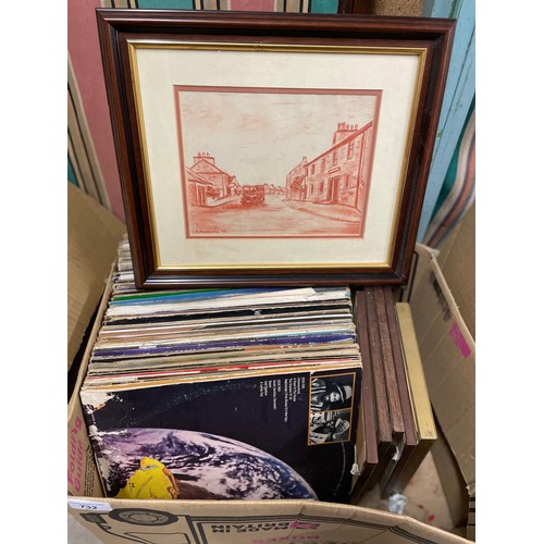 732 - Box of assorted vinyl, pictures etc