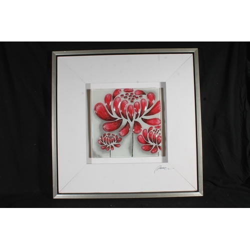 404 - ARTKO UK, fused glass flower panel, signature to the mount lower right, 30cm x 30cm, frame 64cm x 64... 