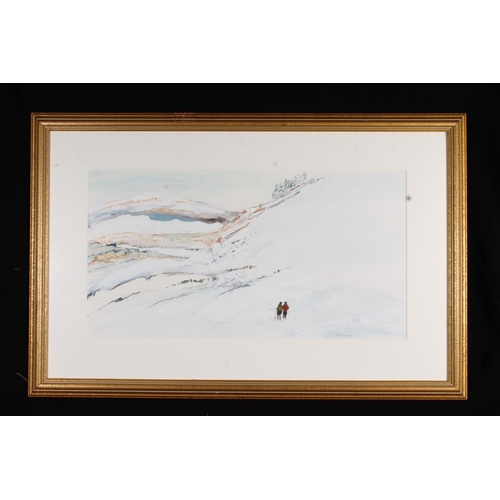 407 - J B NORTHAM, 'Skiing on the Pentlands', watercolour, signed, 29cm x 56cm, frame 50cm x 76cm.