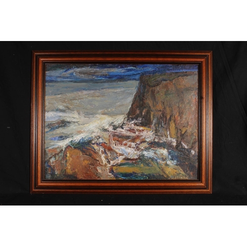 409 - JANINE ROLLAND of Currie, cliffs and shoreline, oil painting on board, signed lower right, 38cm x 51... 