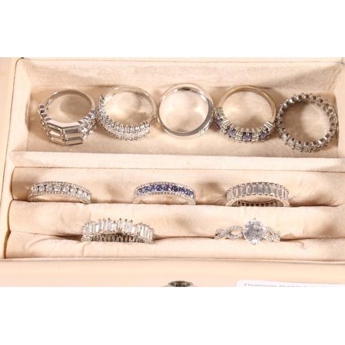 457 - Ten costume or dress ladies rings, in mirror backed jewellery box.