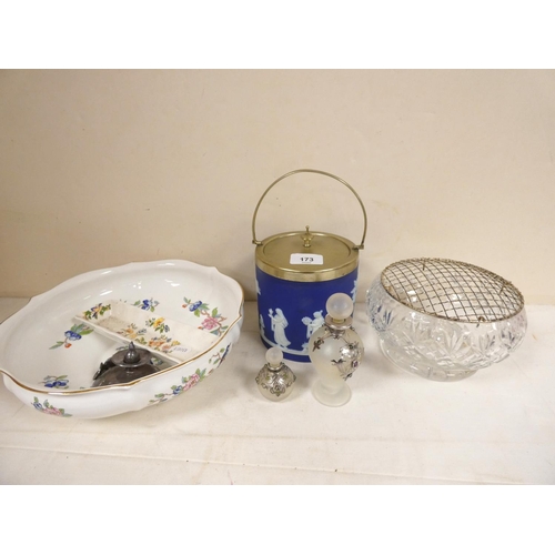 173 - Wedgwood ice bucket, Aynsley bowl, glass rose bowl, two scent bottles.