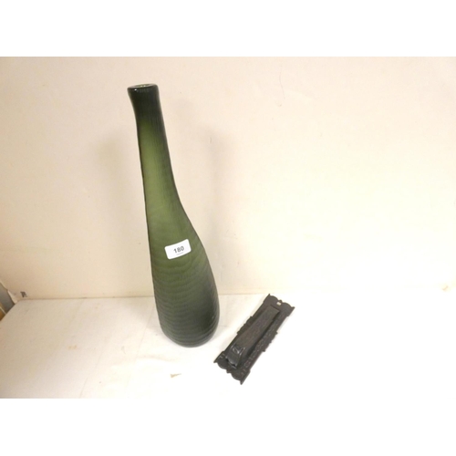 180 - Danish style green glass vase 45cm and cast iron door knocker.