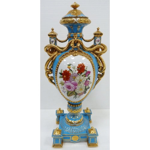 256 - Pair of large porcelain vases and covers decorated with cartouches of flowers and gilded coiled snak... 