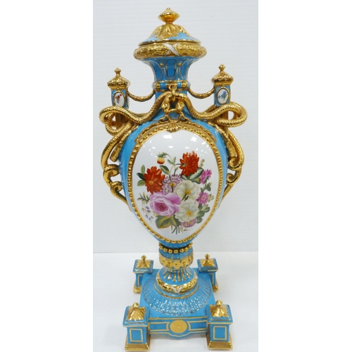 256 - Pair of large porcelain vases and covers decorated with cartouches of flowers and gilded coiled snak... 