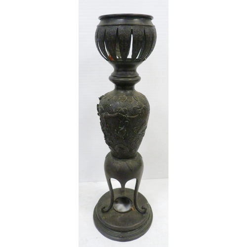 308 - Pair of Japanese cast metal vases of baluster form, Meiji 1868 - 1912, on tripod table supports and ... 