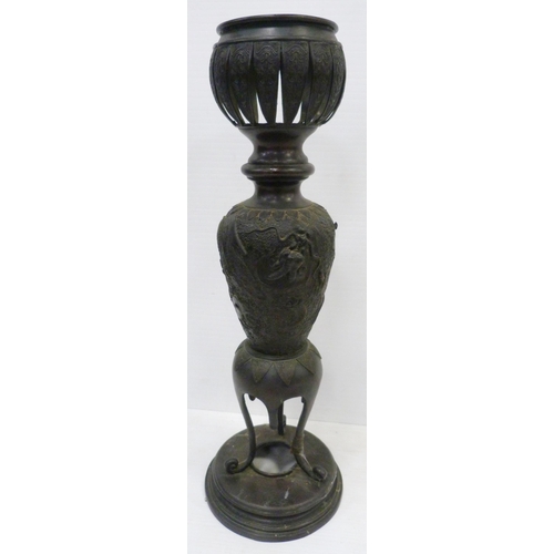308 - Pair of Japanese cast metal vases of baluster form, Meiji 1868 - 1912, on tripod table supports and ... 
