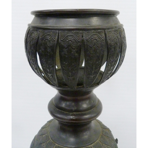 308 - Pair of Japanese cast metal vases of baluster form, Meiji 1868 - 1912, on tripod table supports and ... 