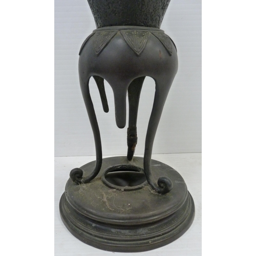 308 - Pair of Japanese cast metal vases of baluster form, Meiji 1868 - 1912, on tripod table supports and ... 
