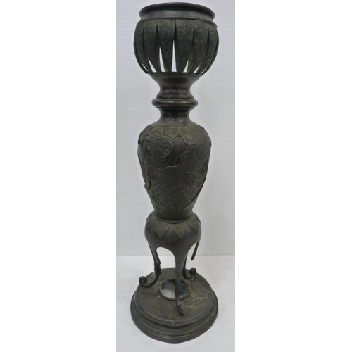 308 - Pair of Japanese cast metal vases of baluster form, Meiji 1868 - 1912, on tripod table supports and ... 