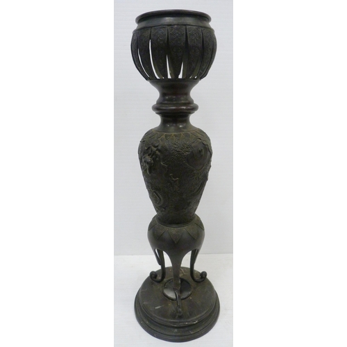 308 - Pair of Japanese cast metal vases of baluster form, Meiji 1868 - 1912, on tripod table supports and ... 