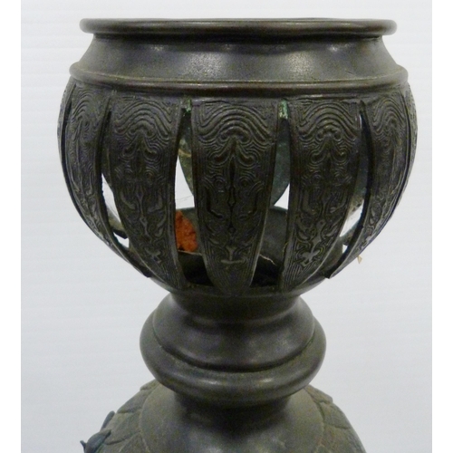 308 - Pair of Japanese cast metal vases of baluster form, Meiji 1868 - 1912, on tripod table supports and ... 