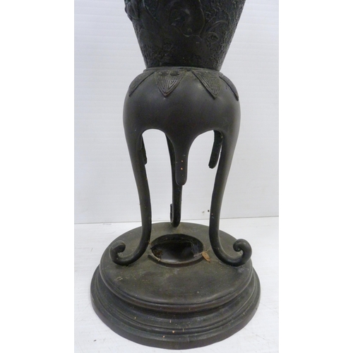 308 - Pair of Japanese cast metal vases of baluster form, Meiji 1868 - 1912, on tripod table supports and ... 