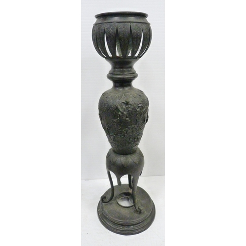 308 - Pair of Japanese cast metal vases of baluster form, Meiji 1868 - 1912, on tripod table supports and ... 