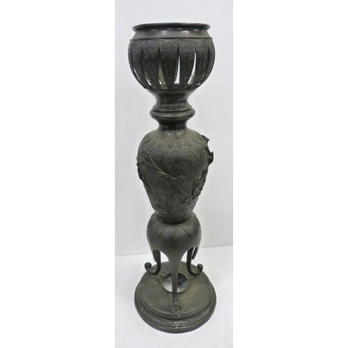 308 - Pair of Japanese cast metal vases of baluster form, Meiji 1868 - 1912, on tripod table supports and ... 