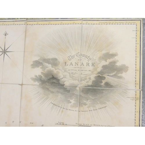 100 - FORREST WILLIAM.  The County of Lanarkshire. Large eng. hand col. fldg. map. Eng. sunburst title vig... 