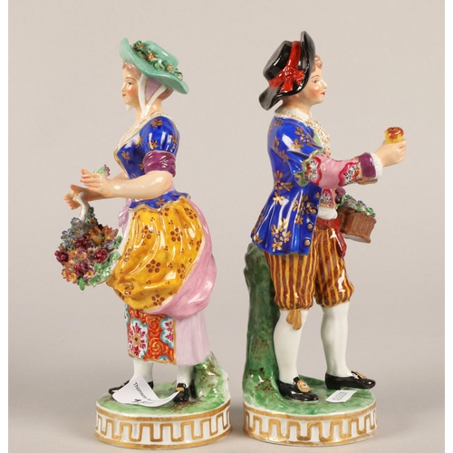 22 - Pair continental hand painted figurines, Crown Derby style marks to back