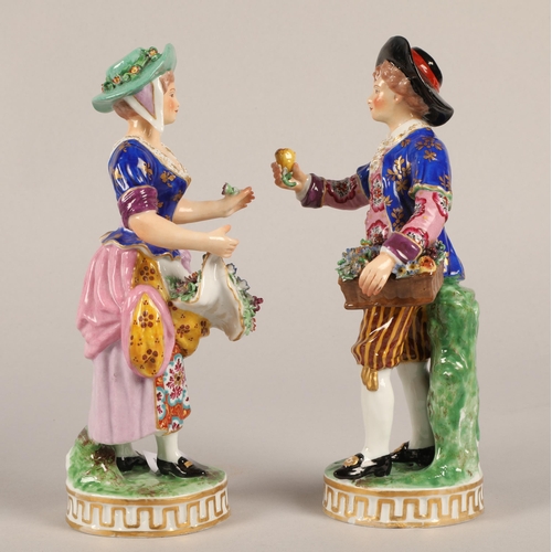 22 - Pair continental hand painted figurines, Crown Derby style marks to back