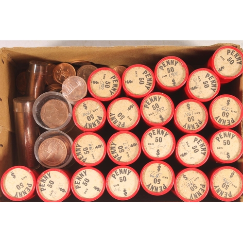 377 - UNITED KINGDOM coin collection, copper pennies spanning the reigns of QV-QEII held in red cardboard ... 