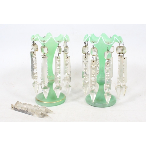 17 - Pair of green glass girandole table lustres with drops, 21cm high. 