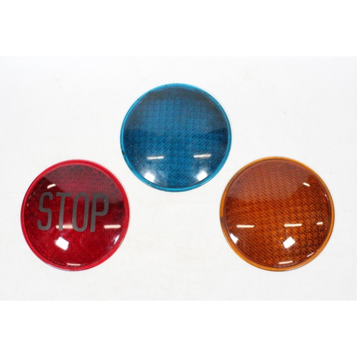 18 - Vintage convex glass stop light by Kopp Glass Inc. of Pennsylvania, 21cm diameter, and two others in... 