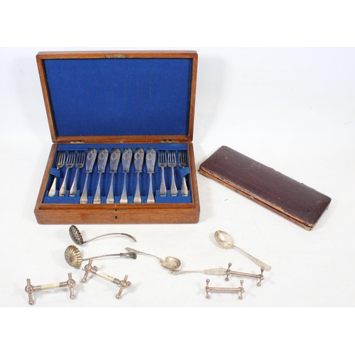 28 - Oak canteen containing silver-plated fish knives and forks, and other silver-plated cutlery, etc.