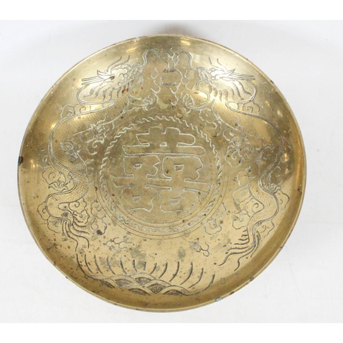 40 - Chinese brass incense bowl on carved hardwood base, 36cm wide.