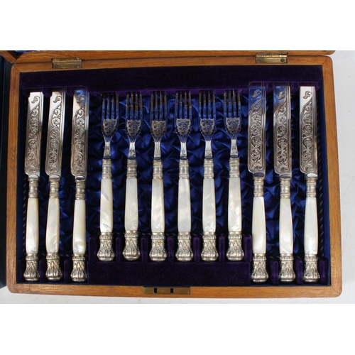 41 - Late Victorian mother-of-pearl handled cutlery set for six and a Royal Worcester cake plate.