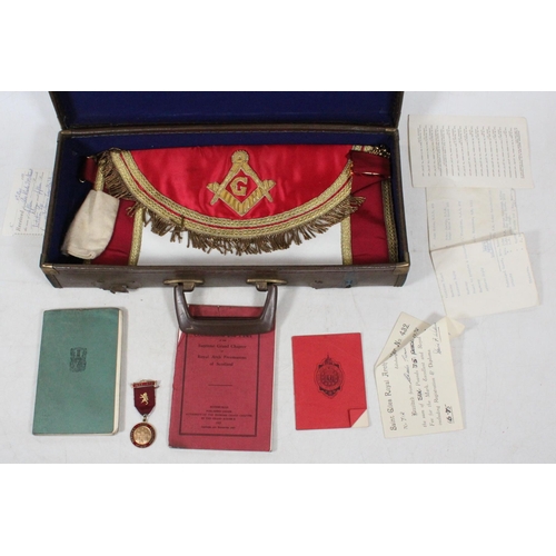 42 - Masonic apron and ephemera in original leather case.