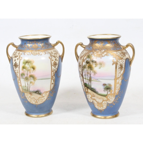 5 - Pair of Noritake vases decorated with landscape vignettes, 19cm high.