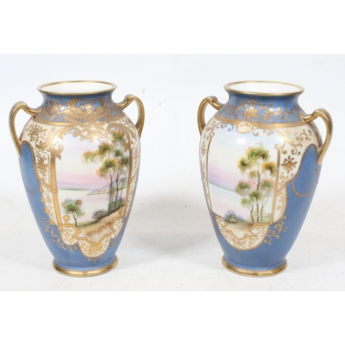 5 - Pair of Noritake vases decorated with landscape vignettes, 19cm high.