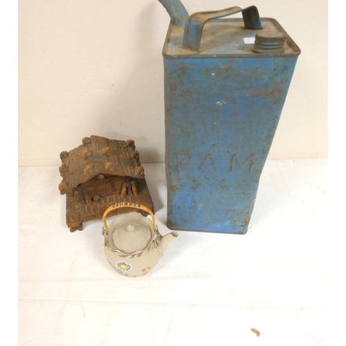 221 - Small fuel can, Bllack Forrest model house Chinese tea pot etc.