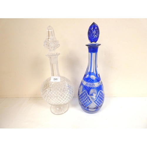 241 - Two cut glass decanters to include blue Bohemian crystal decanter.