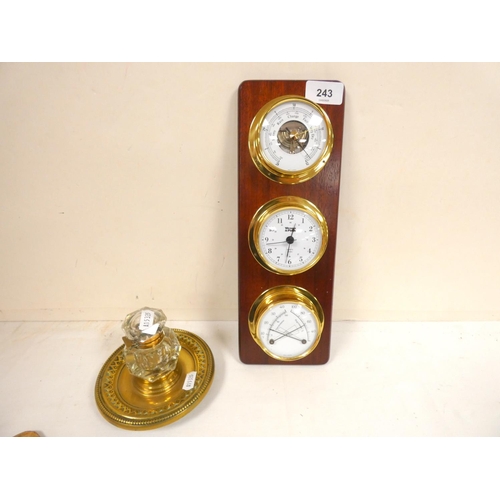 243 - Antique brass and cut glass ink well and a modern barometer.