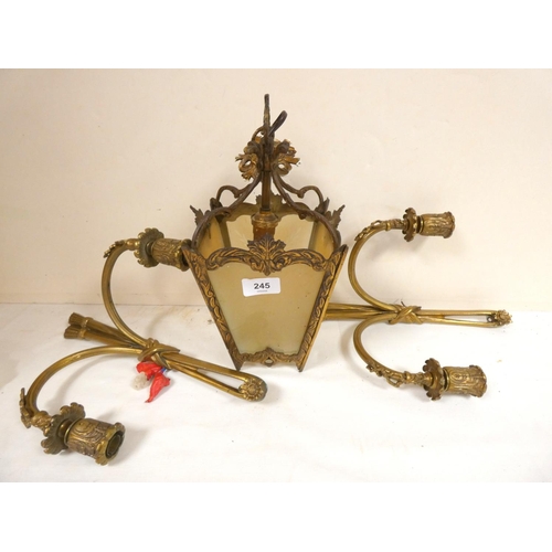 245 - Two brass twin branch wall sconces and glass ceiling light.