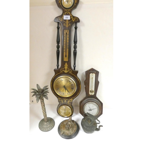 252 - Two vintage barometers, palm candlestick etc.