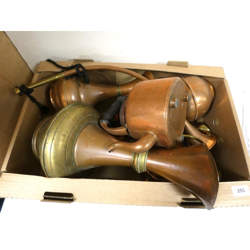 253 - Large box of copperware to include horn, water pots, jugs etc.