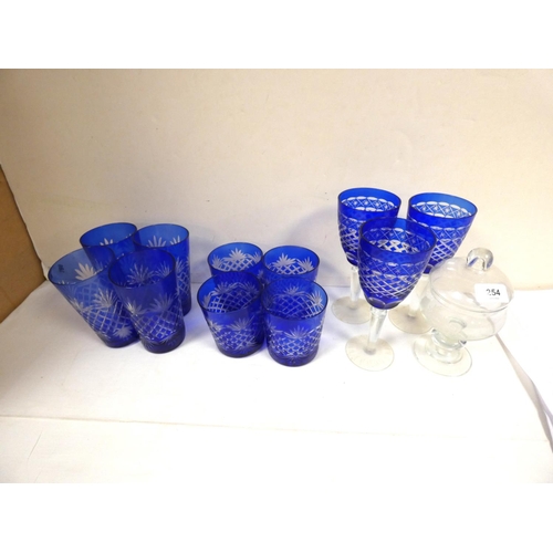 254 - Set of four blue glasses tumblers, four smaller and three similiar wine glasses etc.