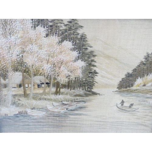 309 - Japanese Yuzen-style embroidered silk picture of a watery landscape, 21cm x 28cm, framed and glazed.